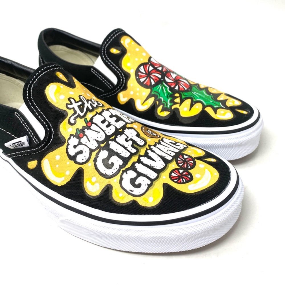 VANS Slip On Sneakers Canvas Yellow Black Men's Skate Low Top Custom Alsu01247 - Picture 5 of 10
